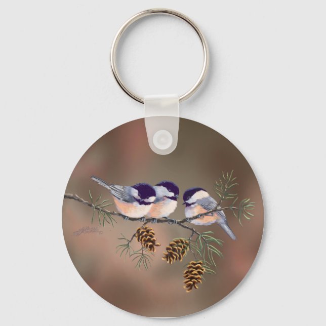 CHICKADEEs & PINE CONES by SHARON SHARPE Key Ring (Front)