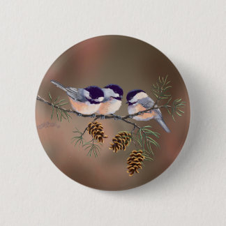 CHICKADEES & PINECONES by SHARON SHARPE 6 Cm Round Badge