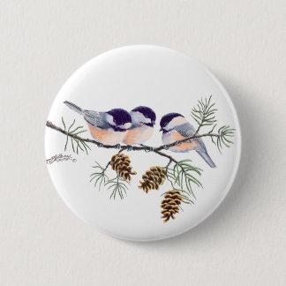 CHICKADEES & PINECONES by SHARON SHARPE 6 Cm Round Badge