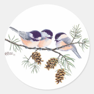CHICKADEES & PINECONES by SHARON SHARPE Classic Round Sticker