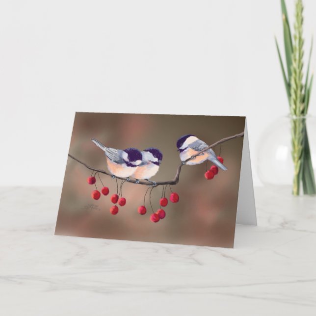 CHICKADEES & RED BERRIES by SHARON SHARPE Holiday Card (Front)