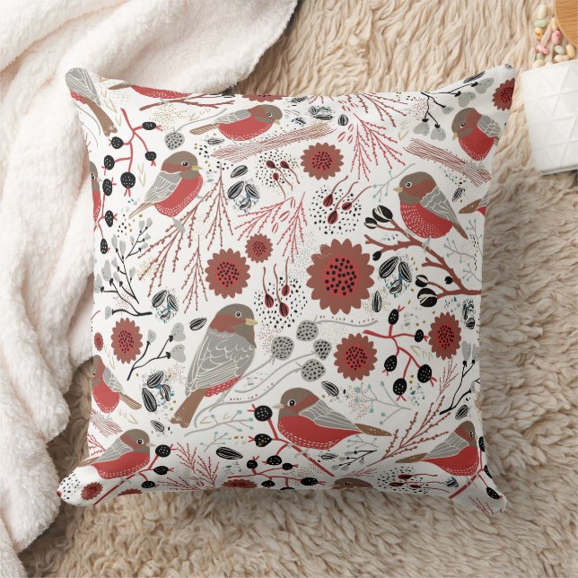 Chickadees Red Grey Pattern Cushion (Blanket)