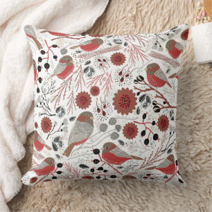 Chickadees Red Grey Pattern Cushion