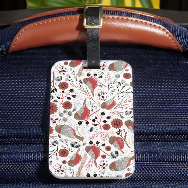 Chickadees Red Grey Pattern Luggage Tag (Front Insitu 2)
