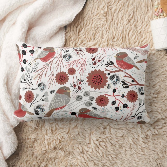 Chickadees Red Grey Pattern Lumbar Cushion (Blanket)
