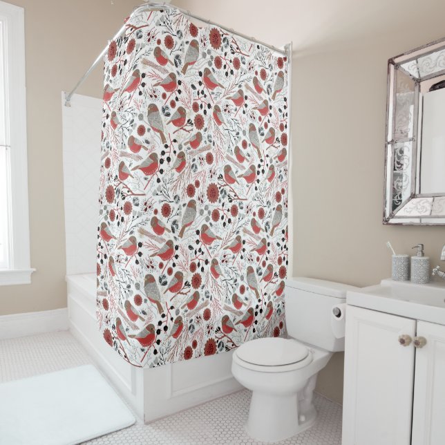 Chickadees Red Grey Pattern Shower Curtain (In Situ)