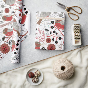 Chickadees Red Grey Pattern With Floral Wrapping Paper