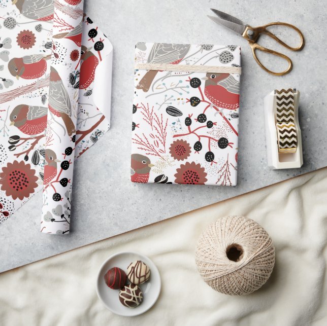 Chickadees Red Grey Pattern With Floral Wrapping Paper (Crafts)