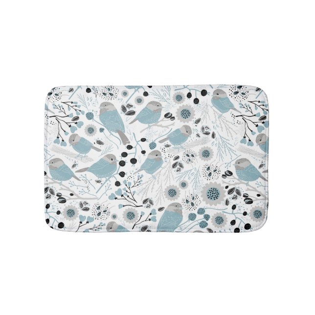 Chickadees Sweet And Cute Blue, Black, And Grey Bath Mat (Front)