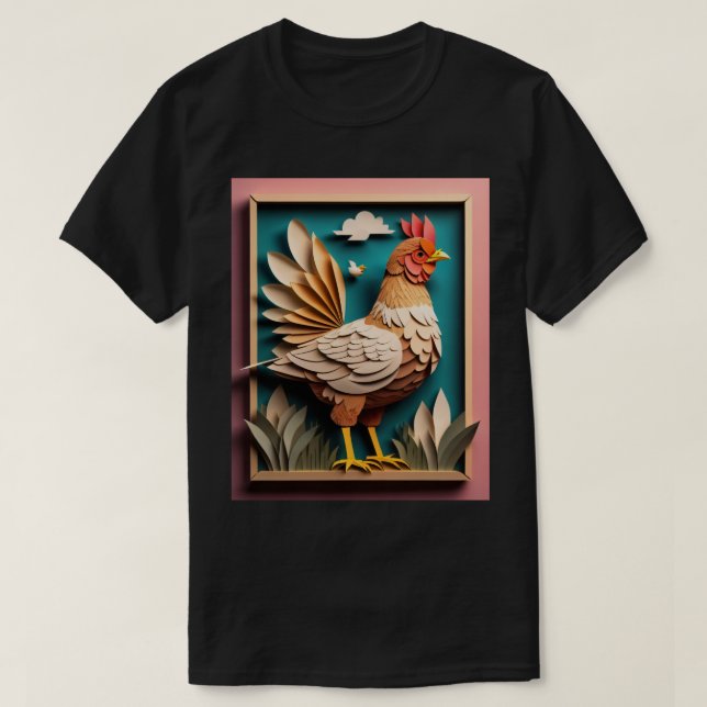 Chicken 3D Paper Art Design T-shirt  (Design Front)