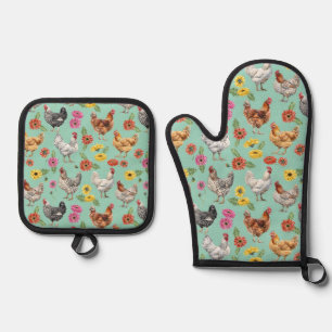 Chicken and Daisies Oven Mitt & Pot Holder Set