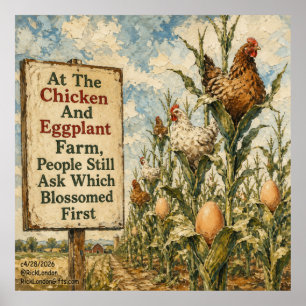 Chicken And Eggplant Farm Surreal Country Cartoon  Poster