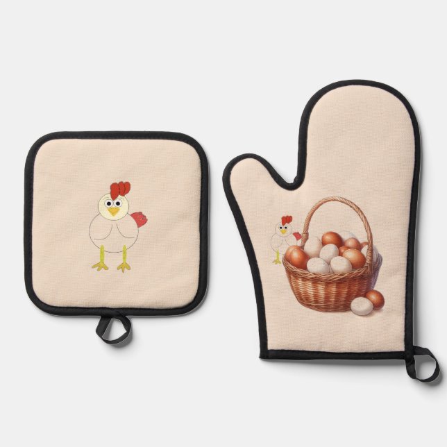 Chicken and Eggs Country Style Oven Mitt & Pot Holder Set (Front)