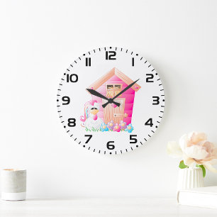 Chicken and Pink Hen House with Flowers Large Clock