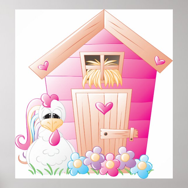Chicken and Pink Hen House with Flowers Poster (Front)