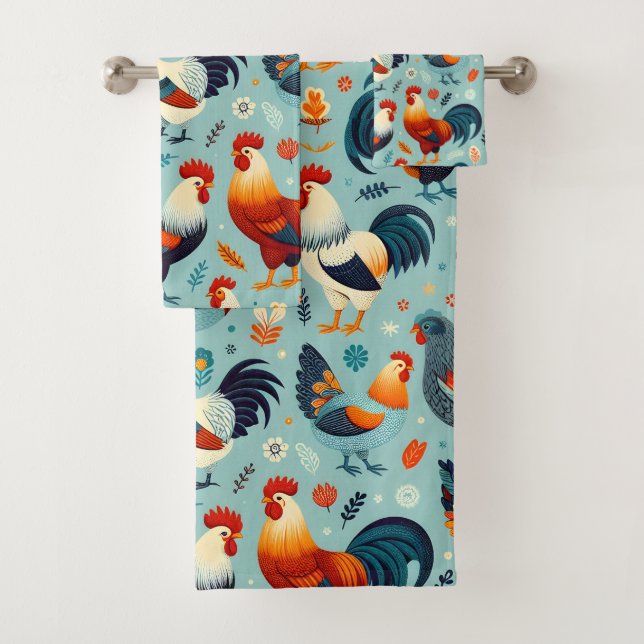 Chicken and Rooster Design Bath Towel Set (Insitu)