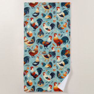 Chicken and Rooster Design Beach Towel