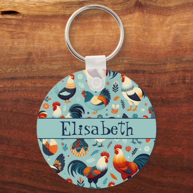 Chicken and Rooster Design Personalise Key Ring (Front)