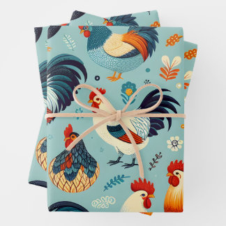 Chicken and Rooster Design Wrapping Paper Sheet