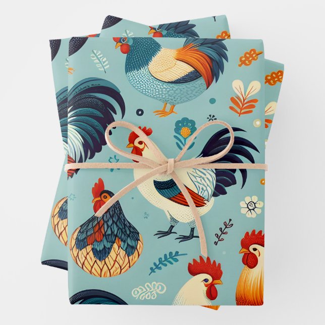 Chicken and Rooster Design Wrapping Paper Sheet (In situ)