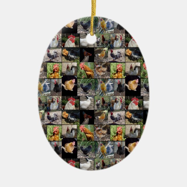 Chicken,And Rooster Photo Collage, Ceramic Tree Decoration (Front)
