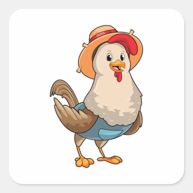 Chicken as Farmer with Hat Square Sticker (Front)