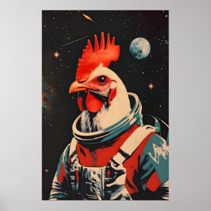 Chicken Astronaut Poster, Chicken Retro Print
