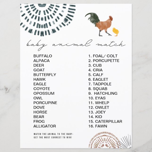 Chicken Baby Shower Animal Match Game (Front)
