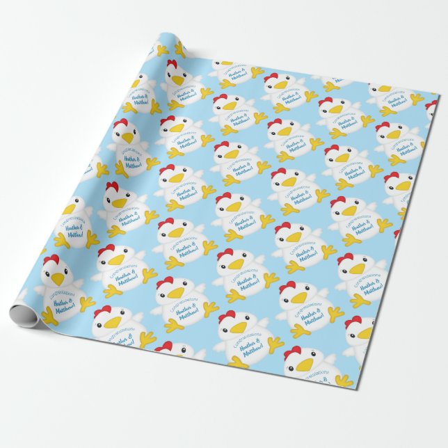 Chicken Baby Shower Blue Boy Wrapping Paper (Unrolled)