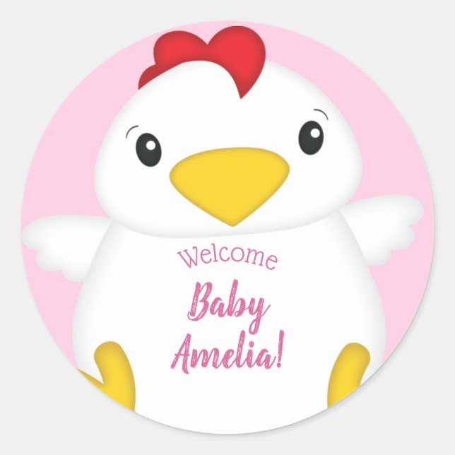Chicken Baby Shower Pink Farm Classic Round Sticker (Front)