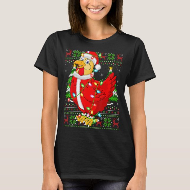 Chicken Bird  Xmas Lights Ugly Santa Chicken Chris T-Shirt (Front)