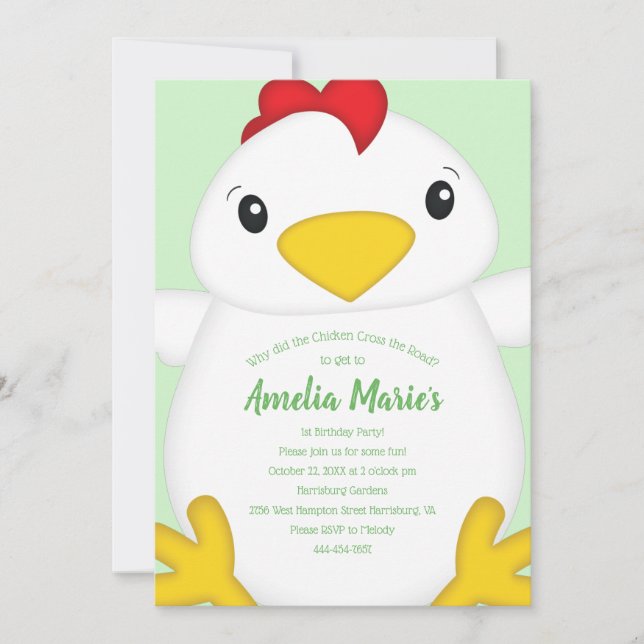Chicken Birthday Party Green Invitation (Front)