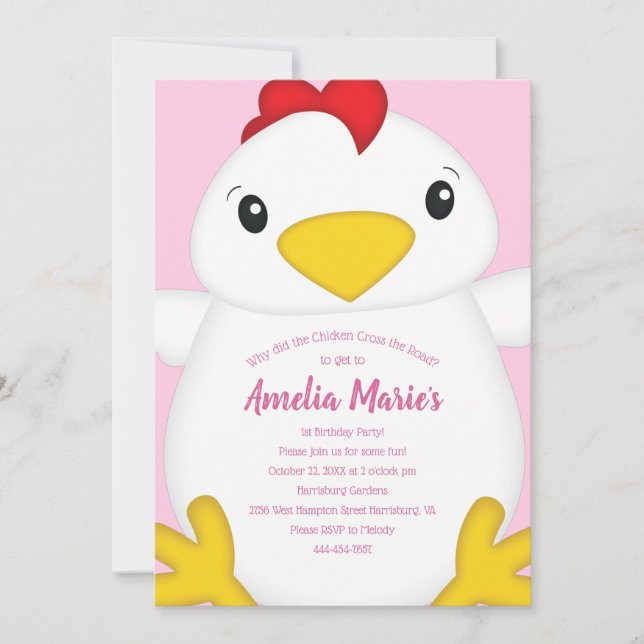 Chicken Birthday Party Pink Invitation (Front)