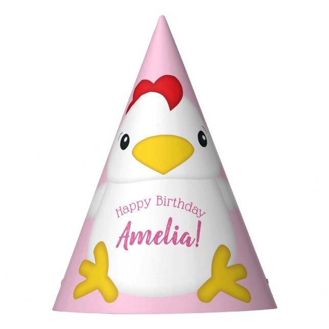 Chicken Birthday Party Pink Party Hat (Front)