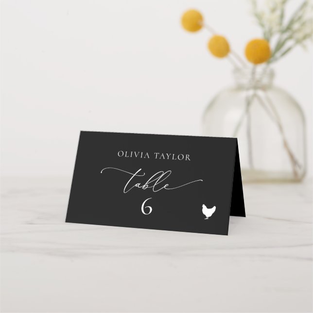 Chicken Black Minimalist Wedding Table Number Place Card (Front)