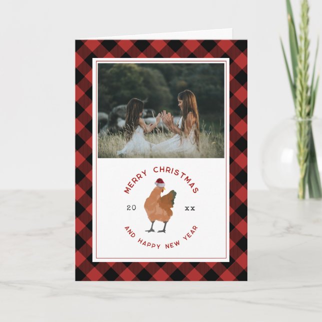 Chicken Buffalo Plaid Christmas Photo Holiday Card (Front)