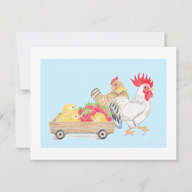 Chicken Chicks Family Strawberries Blue Flat  Card (Front)