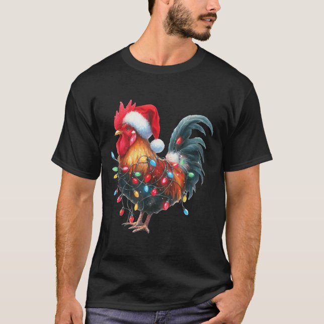 Chicken Christmas Lights Funny Santa Hat Merry Xma T-Shirt (Front)