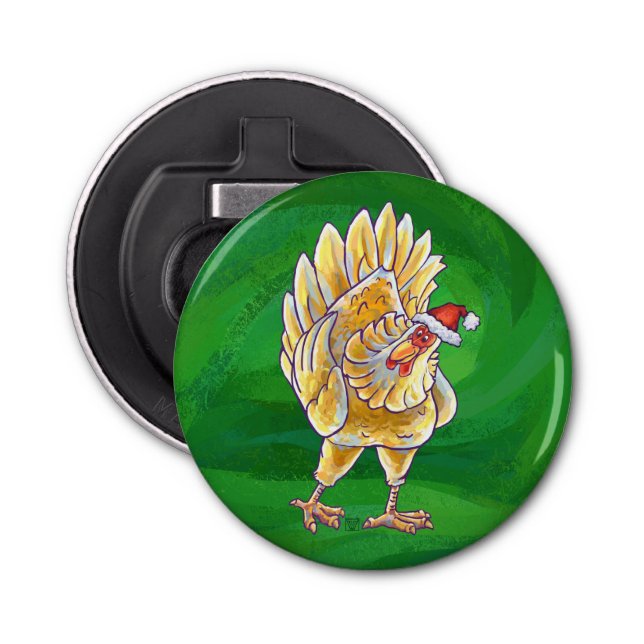 Chicken Christmas On Green Bottle Opener (Front)