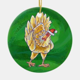 Chicken Christmas On Green Ceramic Tree Decoration