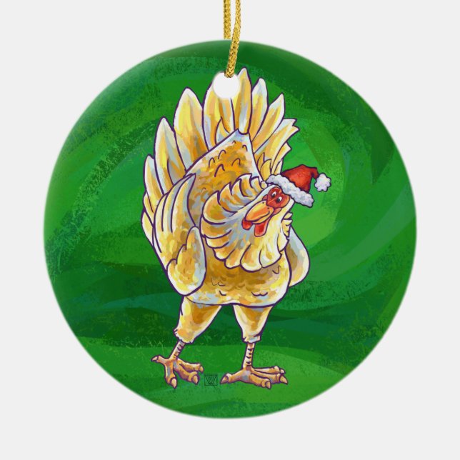 Chicken Christmas On Green Ceramic Tree Decoration (Front)