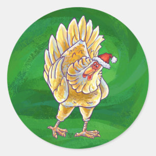 Chicken Christmas On Green Classic Round Sticker