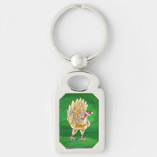 Chicken Christmas On Green Key Ring (Front)