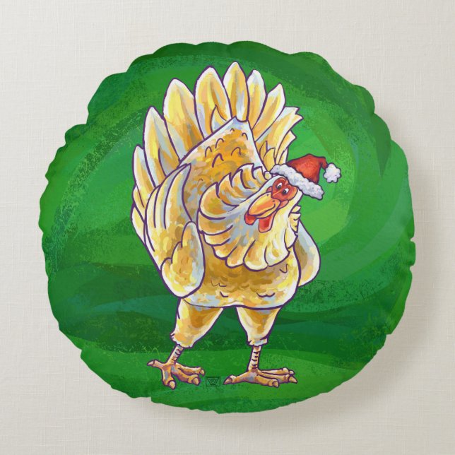 Chicken Christmas On Green Round Cushion (Front)