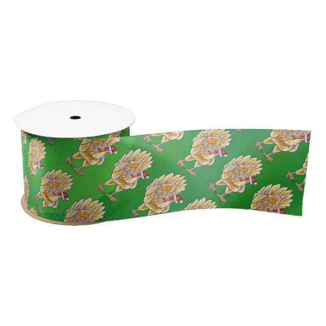 Chicken Christmas On Green Satin Ribbon (Spool)