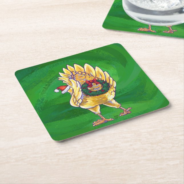 Chicken Christmas On Green Square Paper Coaster (Angled)