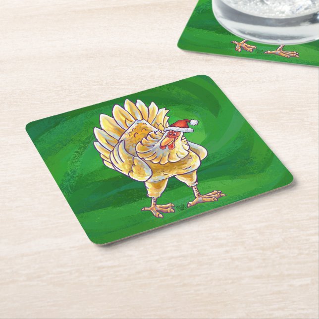 Chicken Christmas On Green Square Paper Coaster (Angled)