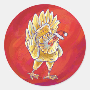 Chicken Christmas On Red Classic Round Sticker