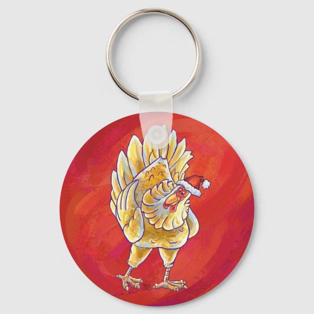 Chicken Christmas On Red Key Ring (Front)