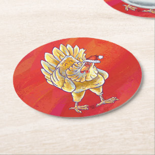 Chicken Christmas On Red Round Paper Coaster